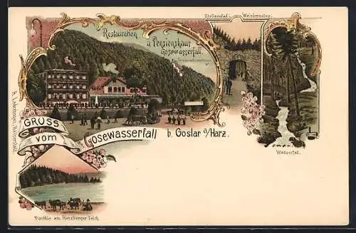 Lithographie Goslar, Restauration und Pensionshaus Gosewasserfall, Stollenpfad i. Weinbergstieg