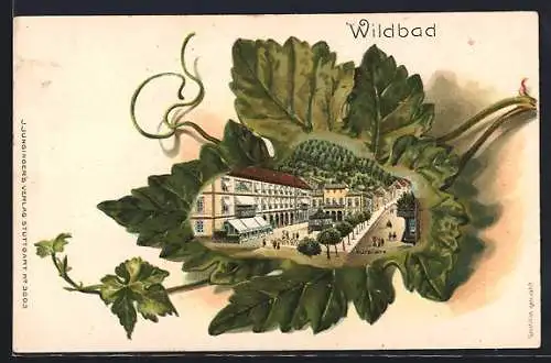Passepartout-Lithographie Wildbad / Schwarzwald, Kurplatz in einem Weinblatt