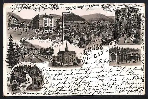Lithographie Bad Wildbad, Olgastrasse, Wasserfall, Trinkhalle, Anlagen-Partie, Post, Villa Krauss, Kurplatz um 1900