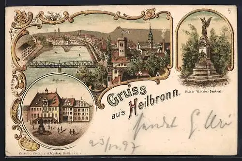 Lithographie Heilbronn, Rathaus und Kaiser Wilhelm Denkmal