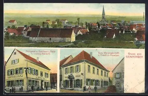 AK Gemmingen, Metzgerei und Gasthaus zum Adler, Gemischt-Warengeschäft von F. Haueisen