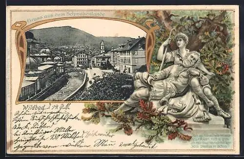Passepartout-Lithographie Bad Wildbad, Ortsansicht mit Strassenpartie
