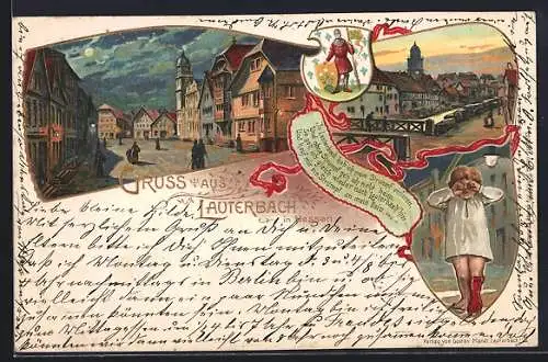 Lithographie Lauterbach / Hessen, Ortspartien, weinendes Kind