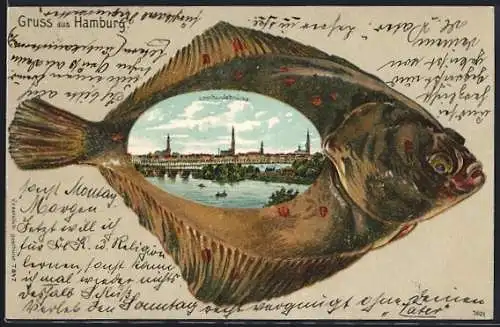 Passepartout-Lithographie Hamburg-Neustadt, Lombardsbrücke in einer Flunder