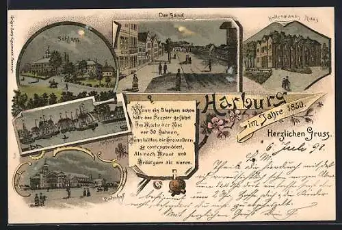 Lithographie Hamburg-Harburg, Schloss, Der Sand, Holtermanns Haus, Bahnhof