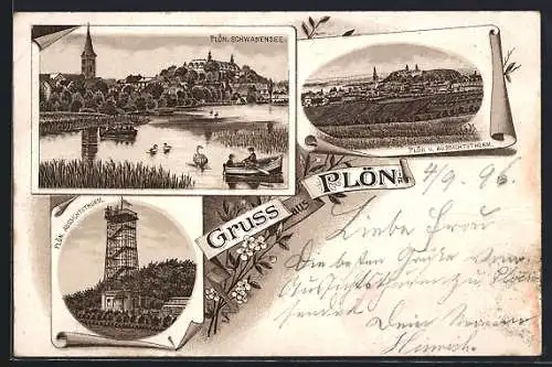 Lithographie Plön, Schwanensee, Gesamtansicht, Aussichtsturm