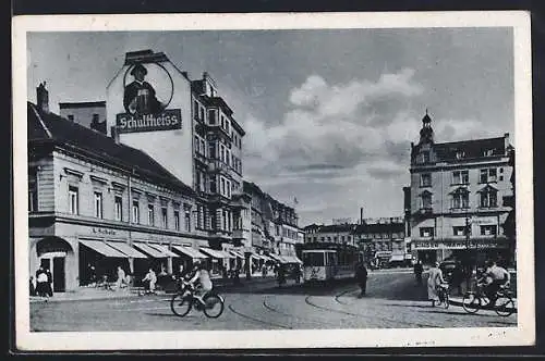 AK Berlin-Spandau, Marktplatz mit Strassenbahn, Reklame für Schultheiss Bier