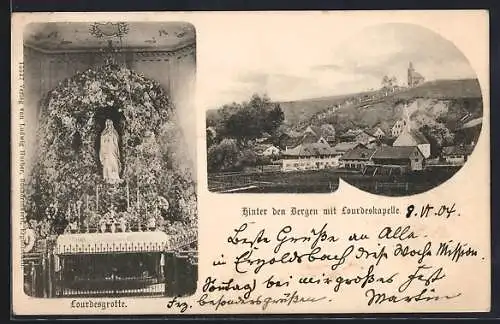 AK Ergoldsbach, Lourdesgrotte und hinter den Bergen mit Lourdeskapelle