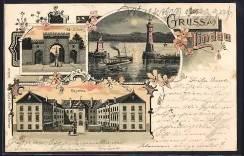 Lithographie Lindau i. B., Kaserne, Landthor und Hafen
