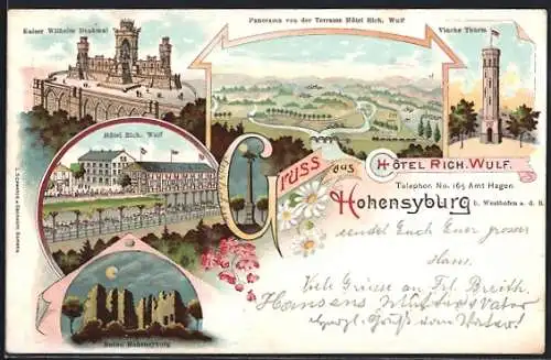 Lithographie Hohensyburg, Hotel R. Wulf, Vincke Thurm, Kaiser Wilhelm Denkmal