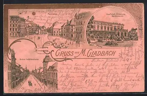 Lithographie M. Gladbach, Untere Crefelderstrasse, Marktplatz mit Litfasssäule