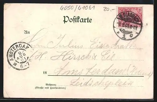 Lithographie M. Gladbach, Untere Crefelderstrasse, Marktplatz mit Litfasssäule