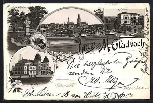 Lithographie M.-Gladbach, Kaiserbad, Kaiser Wilhelm-Büste, Totalansicht vom Ort