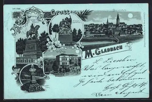 Mondschein-Lithographie M. Gladbach, Denkmal Kaiser Wilhelm I., Kriegerdenkmal und Kaiser-Park