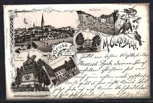 Lithographie Mönchengladbach, Denkmal Kaiser Wilhelm I, Bürgermeisteramt, Marktplatz