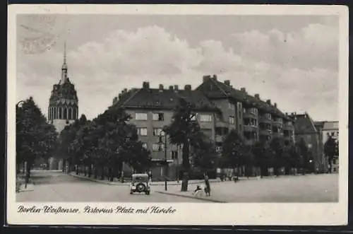 AK Berlin-Weissensee, Pistorius-Platz mit Kirche