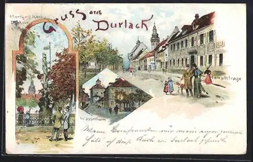 Lithographie Durlach, Hauptstrasse, Markgraf Karl Denkmal, Wasserturm