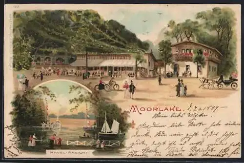 Lithographie Berlin-Wannsee, Gasthaus Moorlake mit Havel-Ansicht