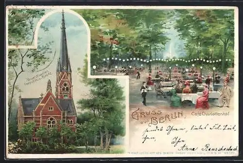 Lithographie Berlin-Tiergarten, Cafe Charlottenhof, Kaiser Friedrich Gedächtnis-Kirche