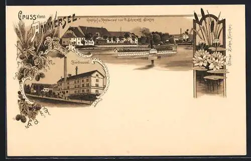 Lithographie Stegen / Ammersee, Gasthof von O. Schreyegg, Bierbrauerei