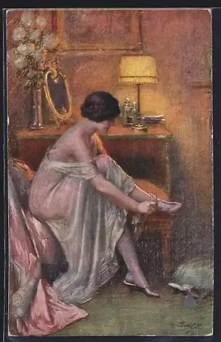 Künstler-AK Delphin Enjolras: Toilette, Frau zieht sich einen Strumpf an