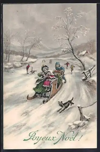 Künstler-AK Charles Denizard (Orens): Joyeux Noel!, Kinder im Schnee auf einem Schlitten mit Hund