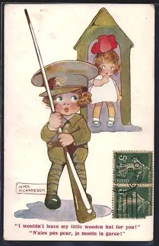 Künstler-AK Agnes Richardson: Kleiner Soldat am Wachhaus, I wouldn`t leave my little wooden hut for you!