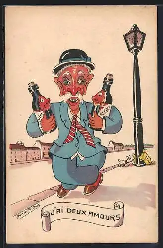 Künstler-AK Jean de Preissac: Betrunkener Mann mit Alkoholflaschen, J`ai deux Amours