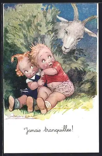 Künstler-AK Mauzan: Kinder gucken erschrocken zum Ziegenbock