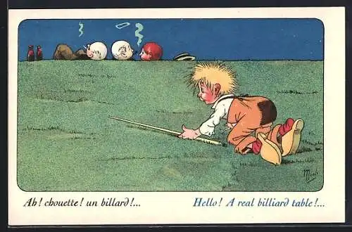 Künstler-AK Jean-Marie Michel Liebeaux: Junge mit Queue, Ah! Chouette! Un billard!
