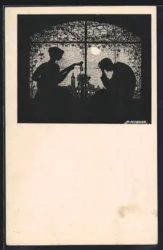 Künstler-AK Josef Madlener: Schattenbild Lautenklänge, Dame musiziert am Fenster