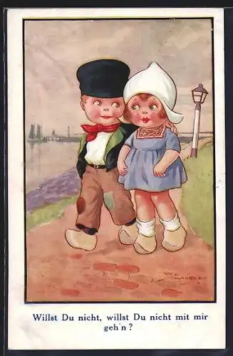Künstler-AK Maurice: Kleines Paar am Meer, Willst Du nicht, willst Du nicht mit mir geh`n?