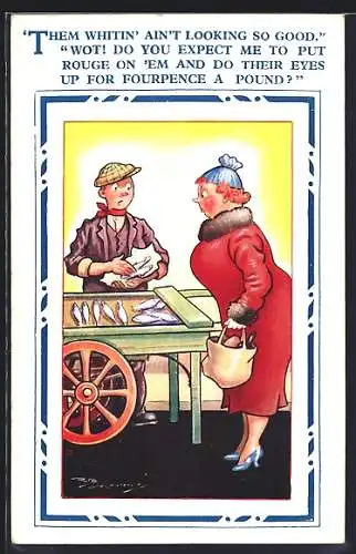 Künstler-AK Maurice: Them Whitin` ain`t looking so good, Frau am Fischstand