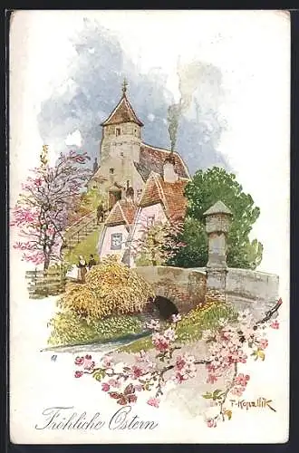 Künstler-AK Franz Kopallik: Ostergruss - Kleine Kirche im Frühling