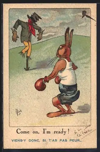 Künstler-AK Jean-Marie Michel Liebeaux: Come on, I`m ready, Hase mit Boxhandschuhen steht vor Vogelscheuche