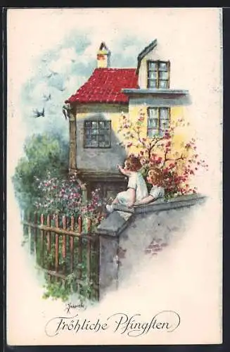 Künstler-AK Kränzle: Fröhliche Pfingsten, Zwei Kinder sitzen im Garten und beobachten Schwalben