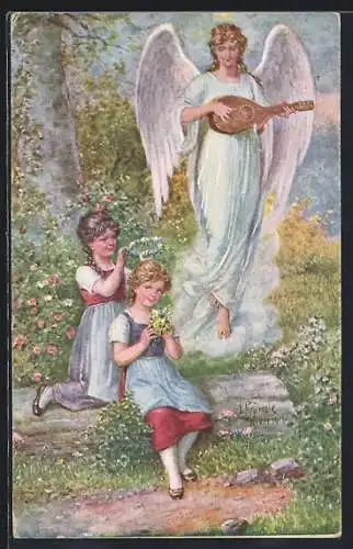 Künstler-AK Kränzle: Schutzengel wacht über zwei Mädchen im Wald