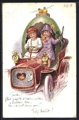 Künstler-AK Kränzle: Herzliche Ostergrüsse!, Kinder in Eier-Auto