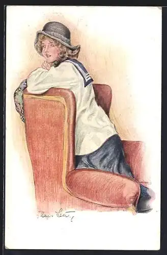 Künstler-AK Hans Leu: Frau lehnt sich gegen die Rücklehne eines Sessels