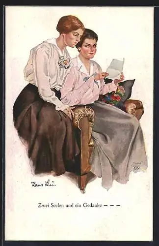 Künstler-AK Hans Leu: Zwei Seelen und ein Gedanke, Frauen lesen einen Brief