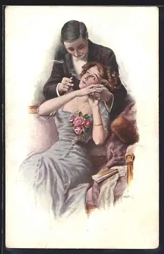 Künstler-AK Franz Kuderna: Anleitung, Mann hält Frau eine Zigarette hin