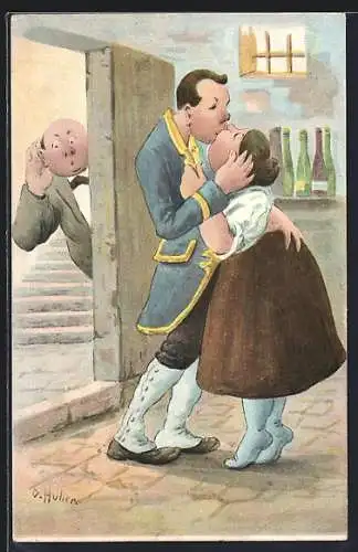 Künstler-AK O. Huber: Küssendes Paar wird belauscht