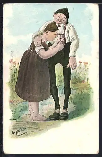 Künstler-AK O. Huber: Der erste Liebe goldne Zeit, Er schenkt ihr ein Blümchen