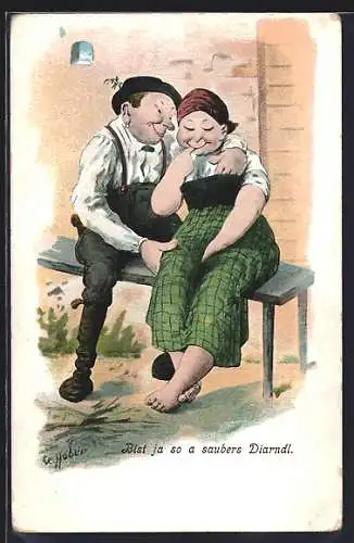 Künstler-AK O. Huber: Bist ja so a saubers Diarndl, Paar in Tracht