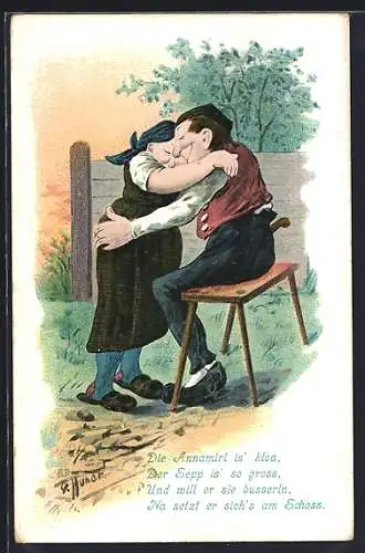 Künstler-AK O. Huber: Bauernpaar umarmt sich auf einer Holzbank