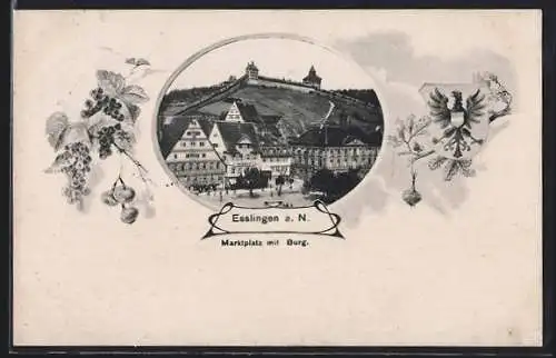 AK Esslingen a. N., Marktplatz mit Burg, Wappen, Passepartout