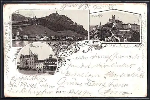 Lithographie Königswinter, Hotel Petersberg, Drachenfels, Blick zum Ort