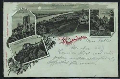 Mondschein-Lithographie Königswinter, Restaurant auf dem Drachenfels, Ruine, Zahnradbahn