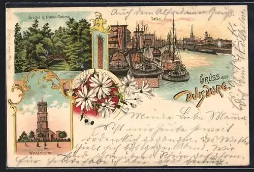 Lithographie Duisburg, Brücke und Curtius Denkmal, Hafen, Wasserturm