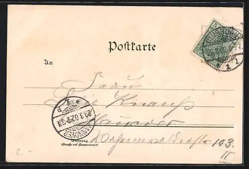 Lithographie Duisburg, Brücke und Curtius Denkmal, Hafen, Wasserturm